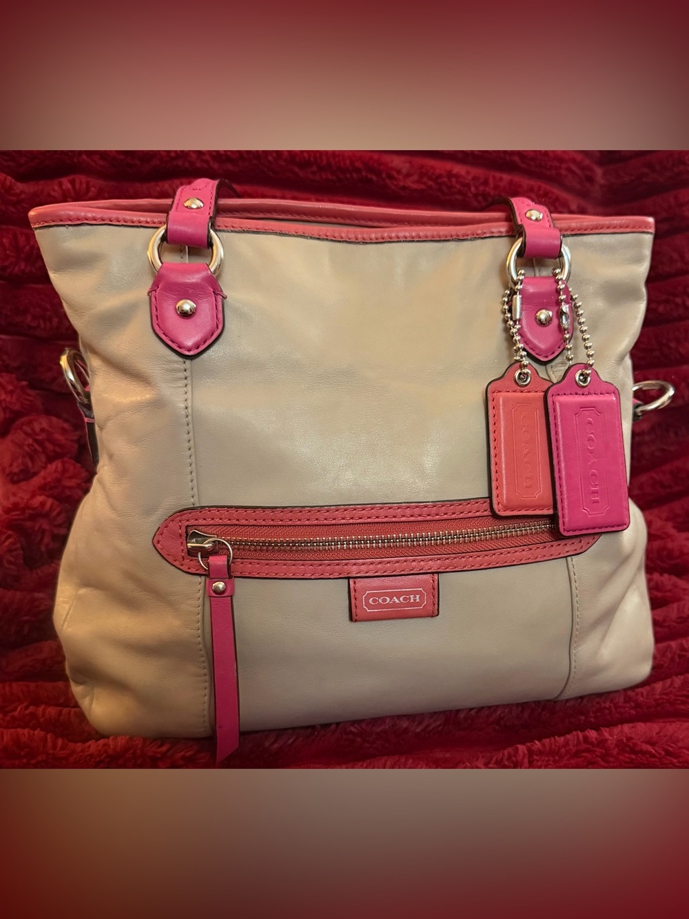 Coach 2013 Daisy Spectator Mia Style #23911 Beige and Pink Leather Shoulder Bag
